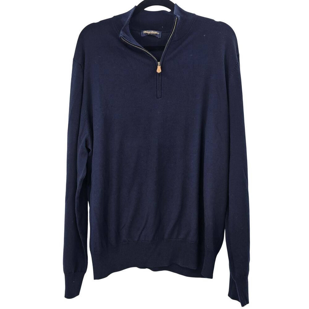 Brooks Brothers Mens Large Blue Wool 1/4 Zip Mock Neck Pullover Sweater